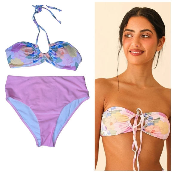 2/$25-Dippin' Daisies Bandeau Floral Bikini Top Bonus Highrise Pink Solid Bottom - Picture 8 of 10